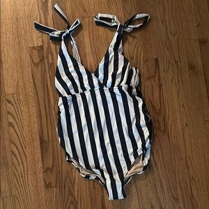 A Pea in the Pod Maternity Navy and White Striped Swimsuit
